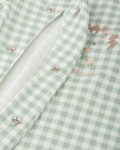Cozy Green Gingham Footed Baby Romper with Hedgehog Design