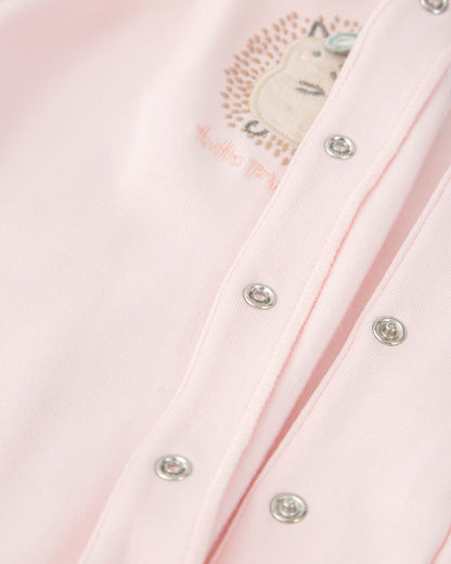 Soft Pink Cotton Footed Baby Romper with Embroidered Hedgehog