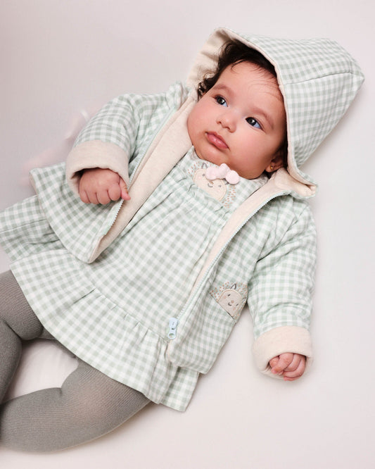 Sage Gingham Baby Puffer Jacket with Embroidered Hedgehog