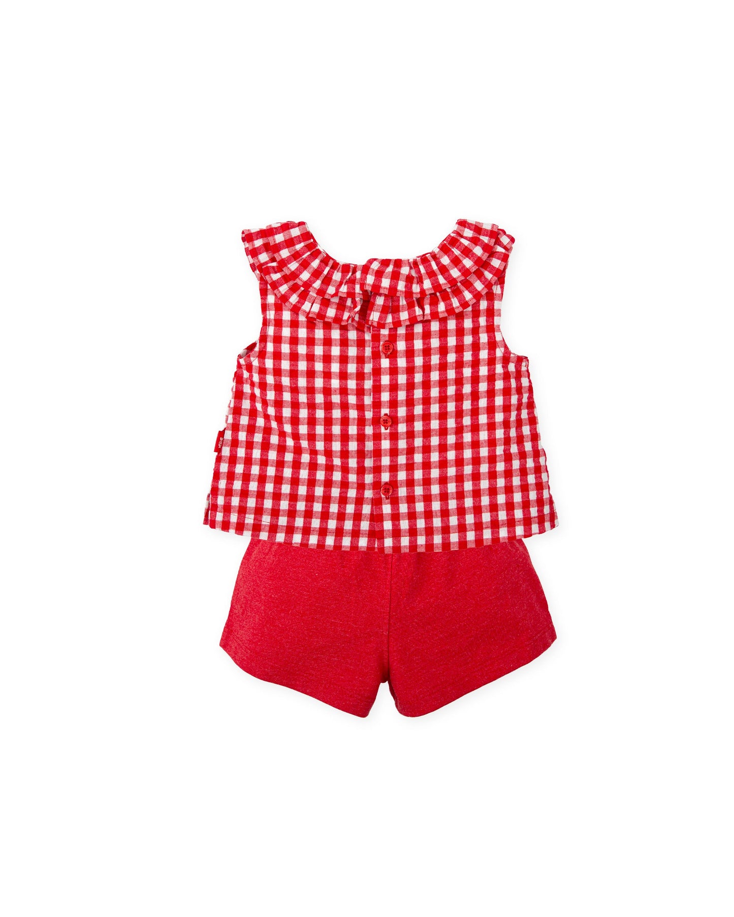 Chic Red Two-Piece Set with Gingham Top and Knit Shorts