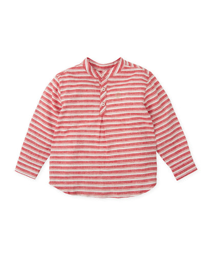Baby Boy Red Striped Grandad Collar Shirt | Linen-Cotton Long Sleeve