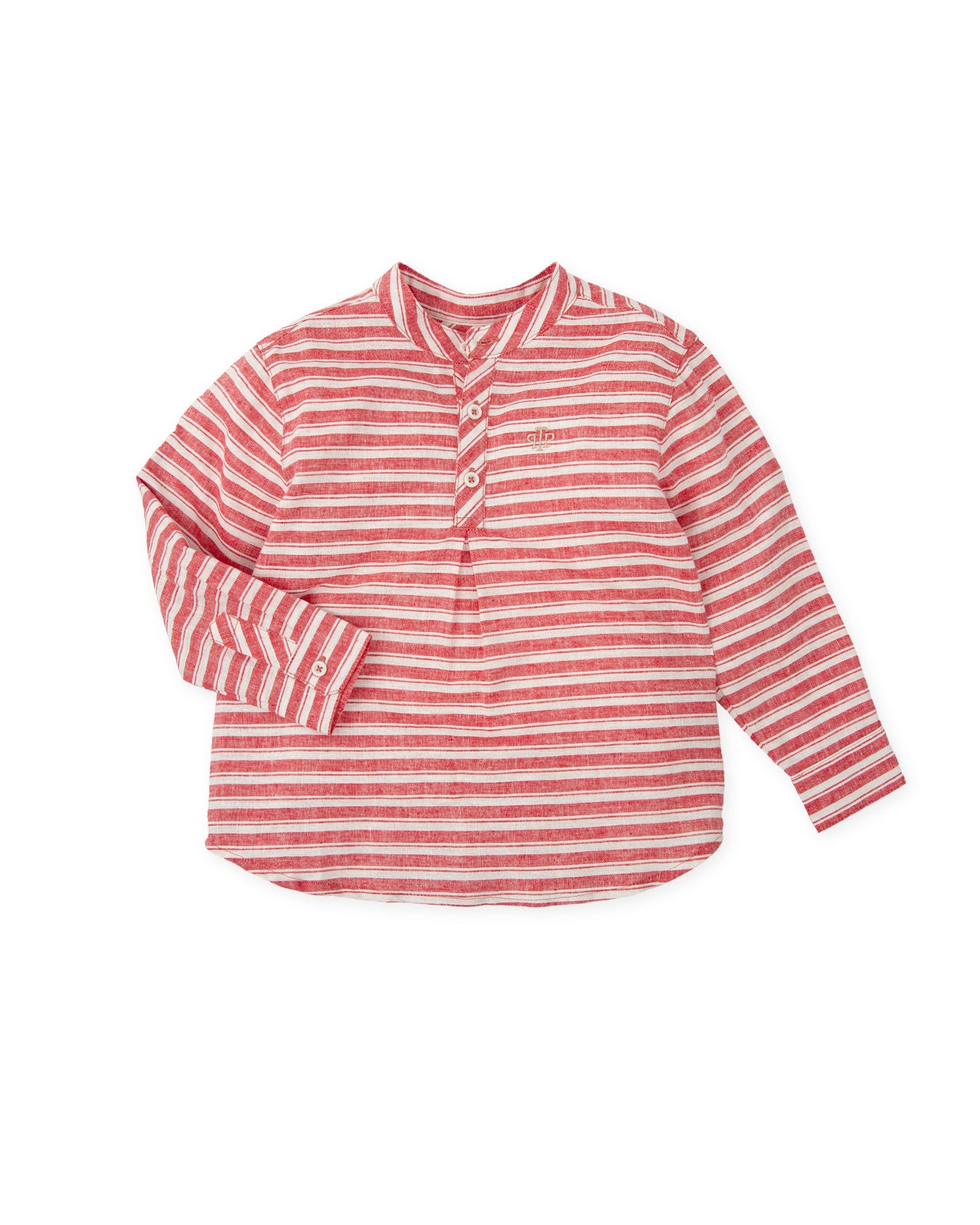 Baby Boy Red Striped Grandad Collar Shirt | Linen-Cotton Long Sleeve