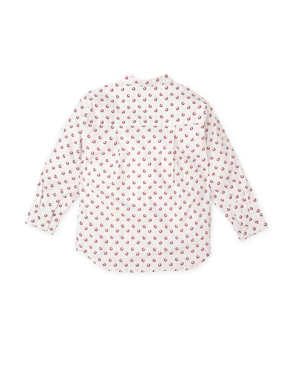 Boy’s White Long Sleeve Shirt with Red Ball Print - Stretch Cotton