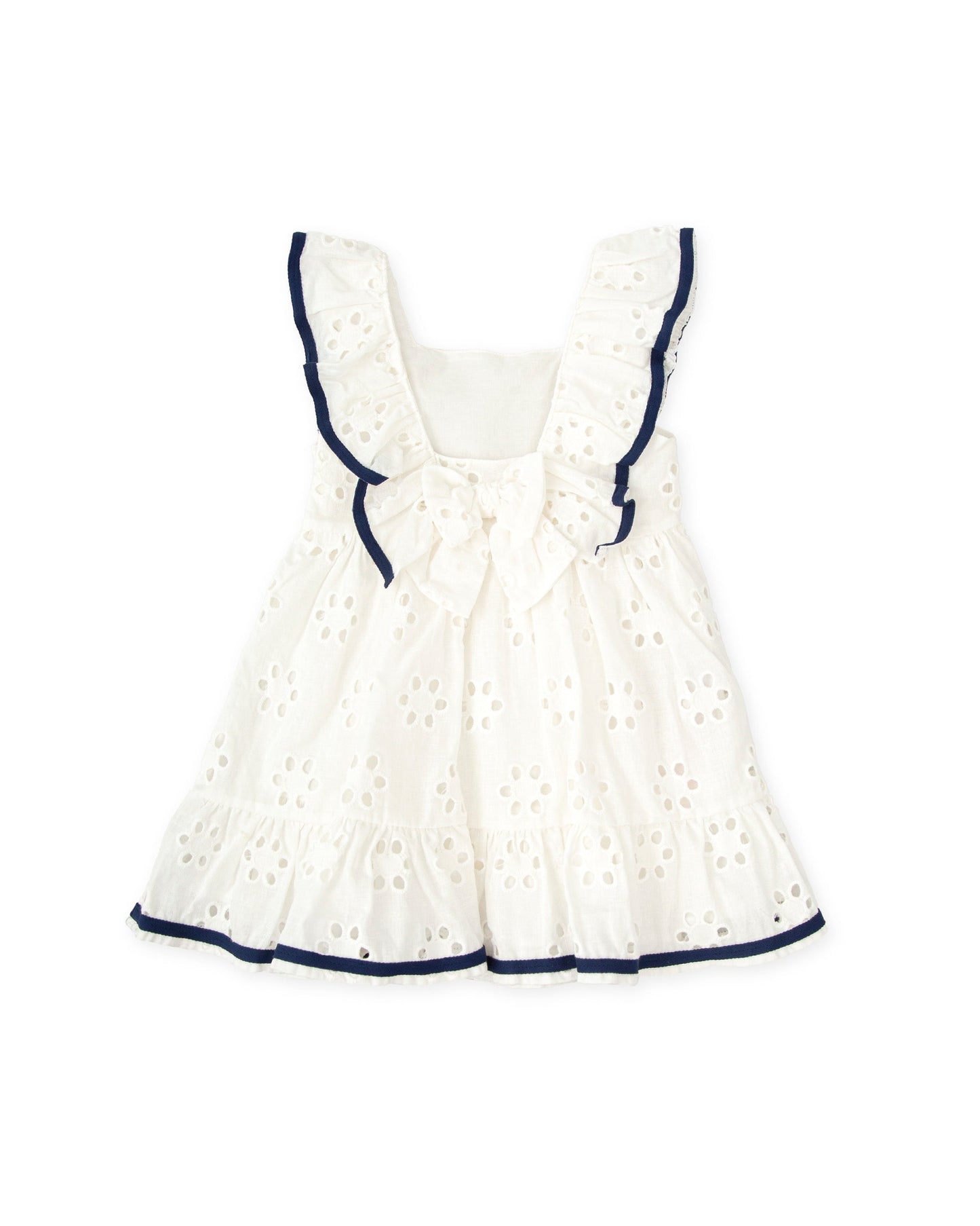 Girls' White Eyelet Summer Dress with Navy Ruffle Trim | Tutto Piccolo