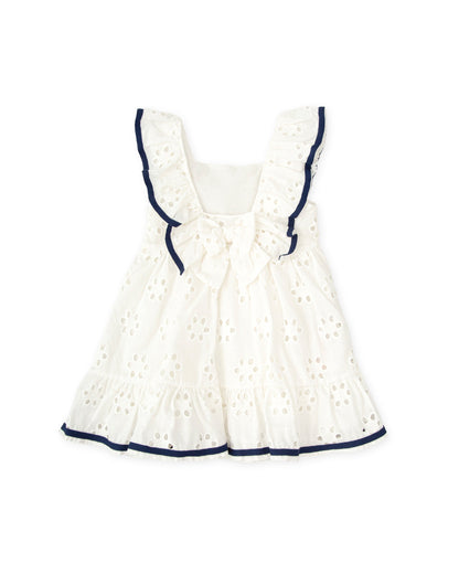 Girls' White Eyelet Summer Dress with Navy Ruffle Trim | Tutto Piccolo