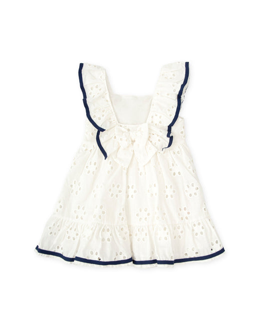 Girls' White Eyelet Summer Dress with Navy Ruffle Trim | Tutto Piccolo