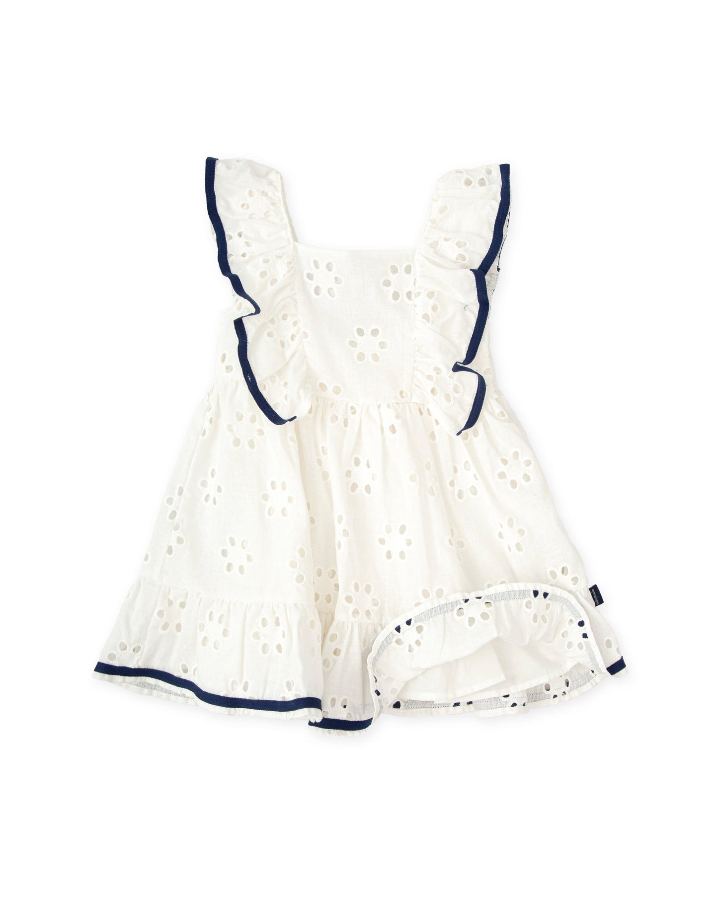 Girls' White Eyelet Summer Dress with Navy Ruffle Trim | Tutto Piccolo