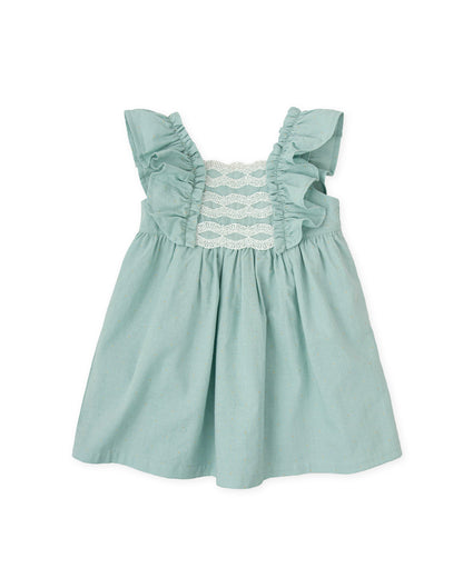 Girls' Soft Sage Ruffle Dress with Lace & Bow | 100% Cotton Elegance