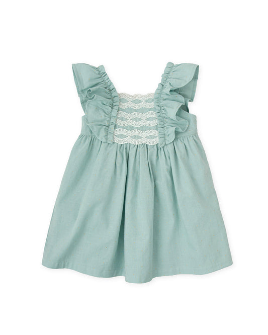 Girls' Soft Sage Ruffle Dress with Lace & Bow | 100% Cotton Elegance