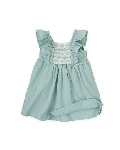 Girls' Soft Sage Ruffle Dress with Lace & Bow | 100% Cotton Elegance