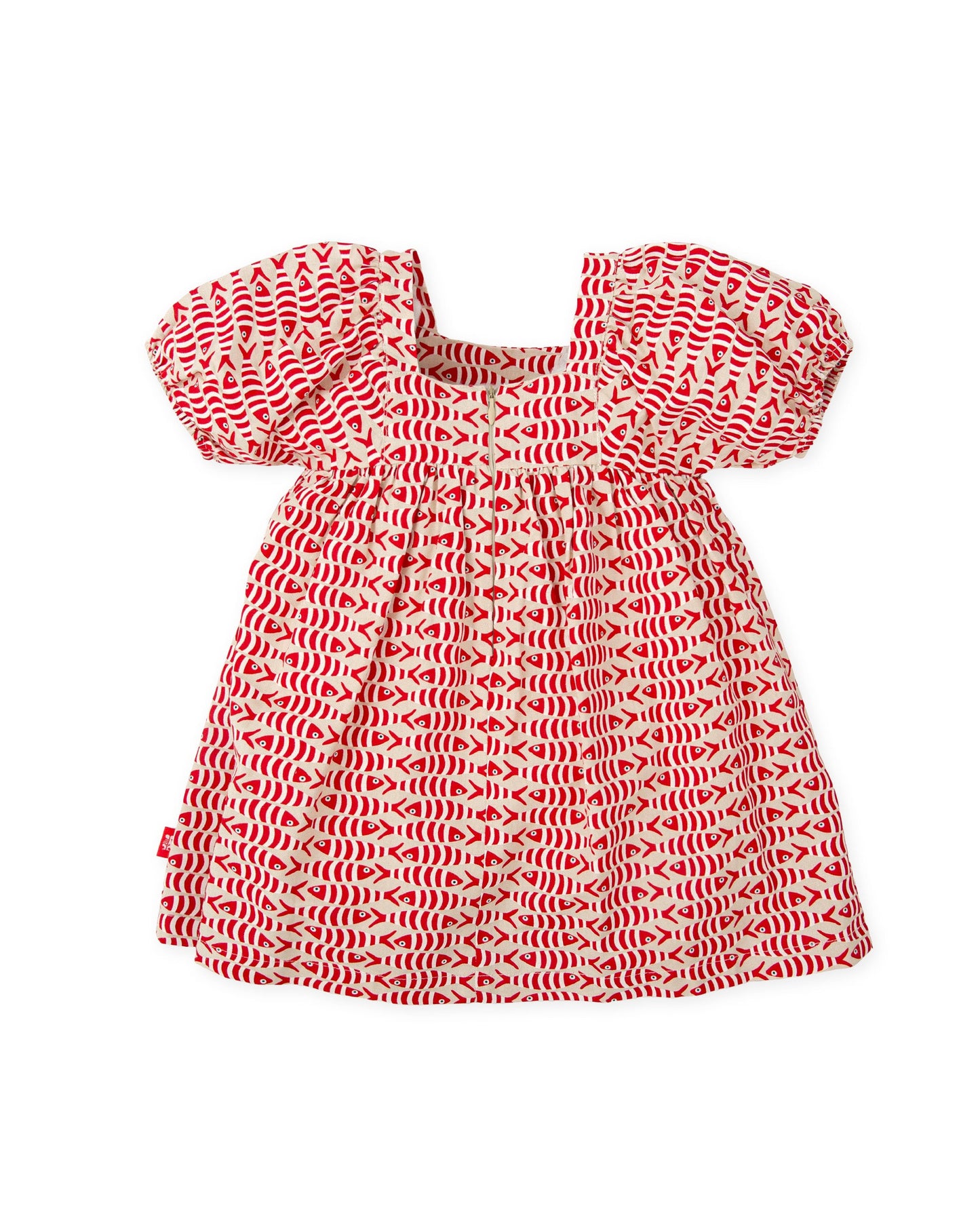 Red Puff Sleeve Dress for Baby Girls | Linen-Viscose Blend | Fish Print