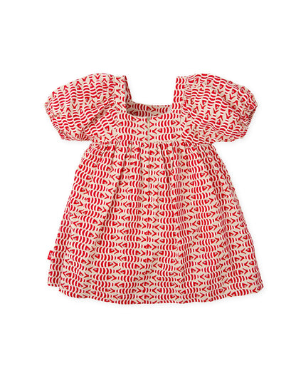Red Puff Sleeve Dress for Baby Girls | Linen-Viscose Blend | Fish Print