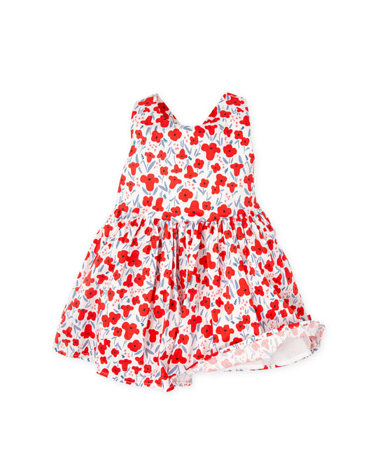 Charming Red Poppy Floral Dress for Girls with Cross-Back Straps