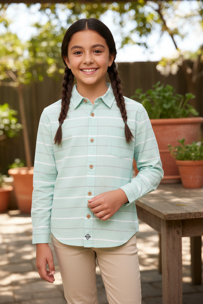 Sea Green Striped Cotton Shirt for Kids by Tutto Piccolo