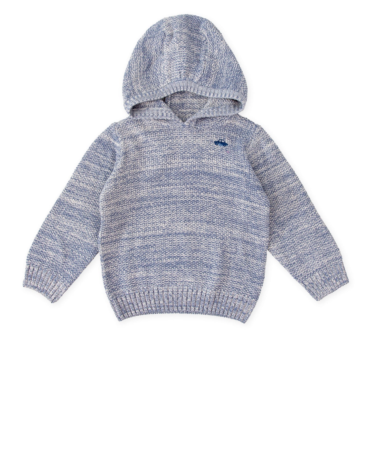 Kids' Cozy Blue Knit Hooded Sweater with Embroidered Detail