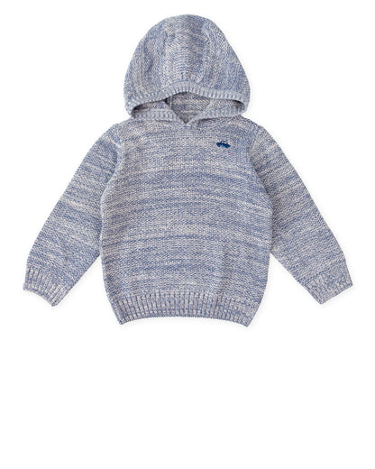 Kids' Cozy Blue Knit Hooded Sweater with Embroidered Detail