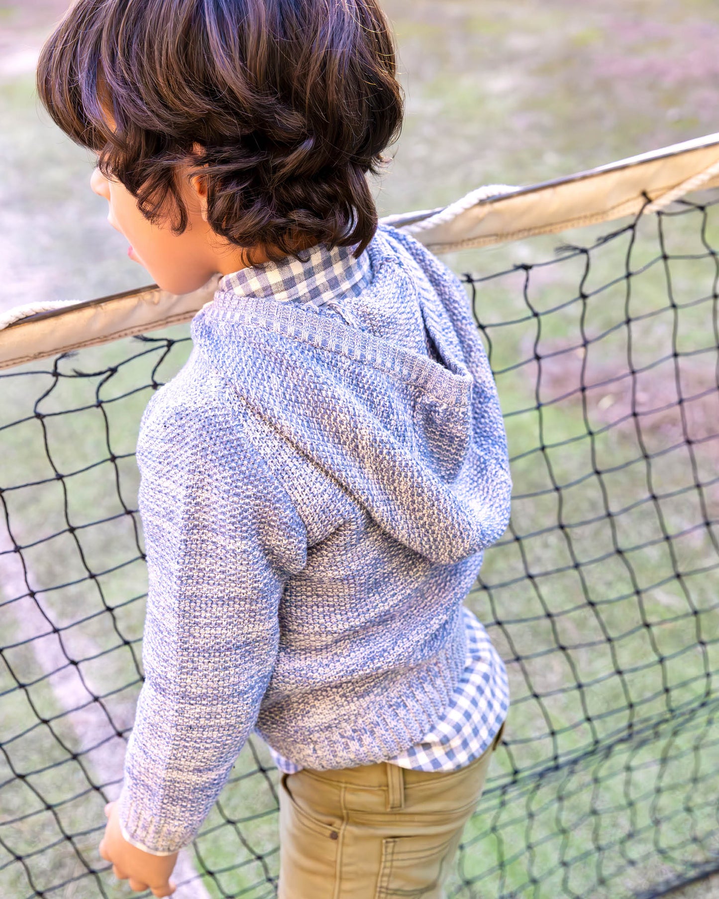 Kids' Cozy Blue Knit Hooded Sweater with Embroidered Detail