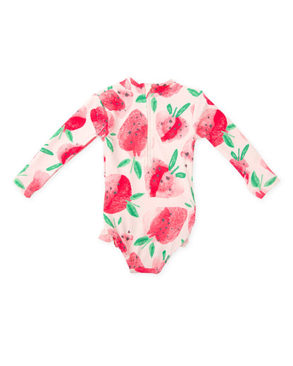 Strawberry Print Long Sleeve One-Piece Swimsuit for Kids - UPF Protection