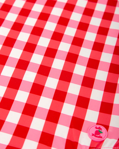Girls' Red Gingham One-Piece Swimsuit with Ruffled Straps