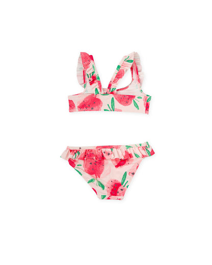 Girls' Strawberry Print Bikini with Frilly Straps & Ruffle Bottoms
