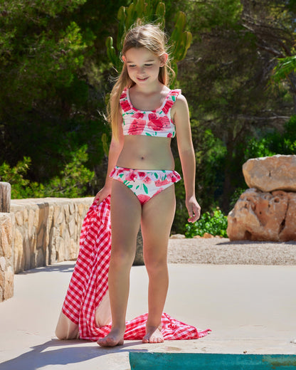 Girls' Strawberry Print Bikini with Frilly Straps & Ruffle Bottoms