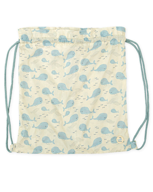 Yellow Cotton Whale Print Drawstring Beach Bag for Kids