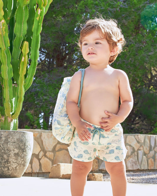 Yellow Cotton Whale Print Drawstring Beach Bag for Kids