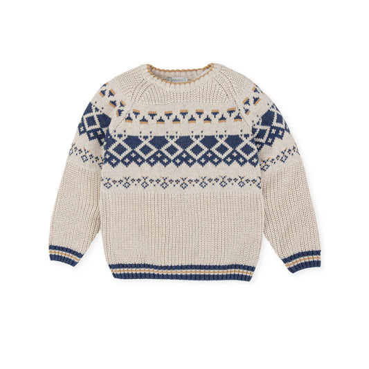 Elegant Ecru Knit Sweater with Fretwork Detail - Cotton Blend