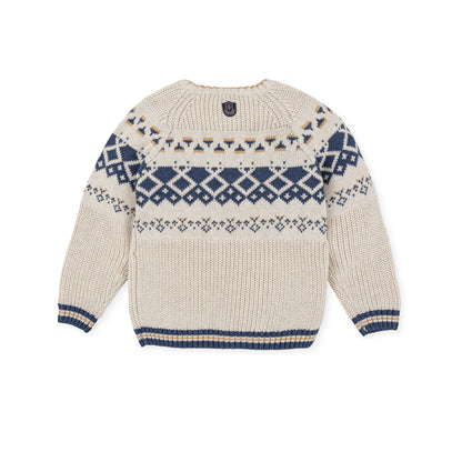 Elegant Ecru Knit Sweater with Fretwork Detail - Cotton Blend