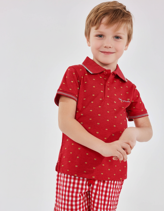 Vibrant Red Knit Polo & Checkered Shorts Set - Stylish & Comfy
