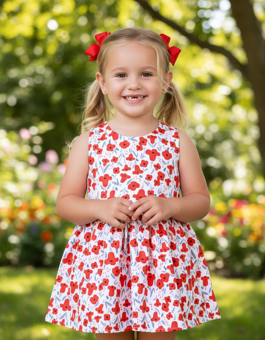 Charming Red Poppy Floral Dress for Girls with Cross-Back Straps