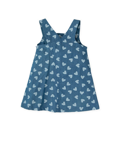 Indigo Chambray Dress with Heart Print & Floral Embroidery