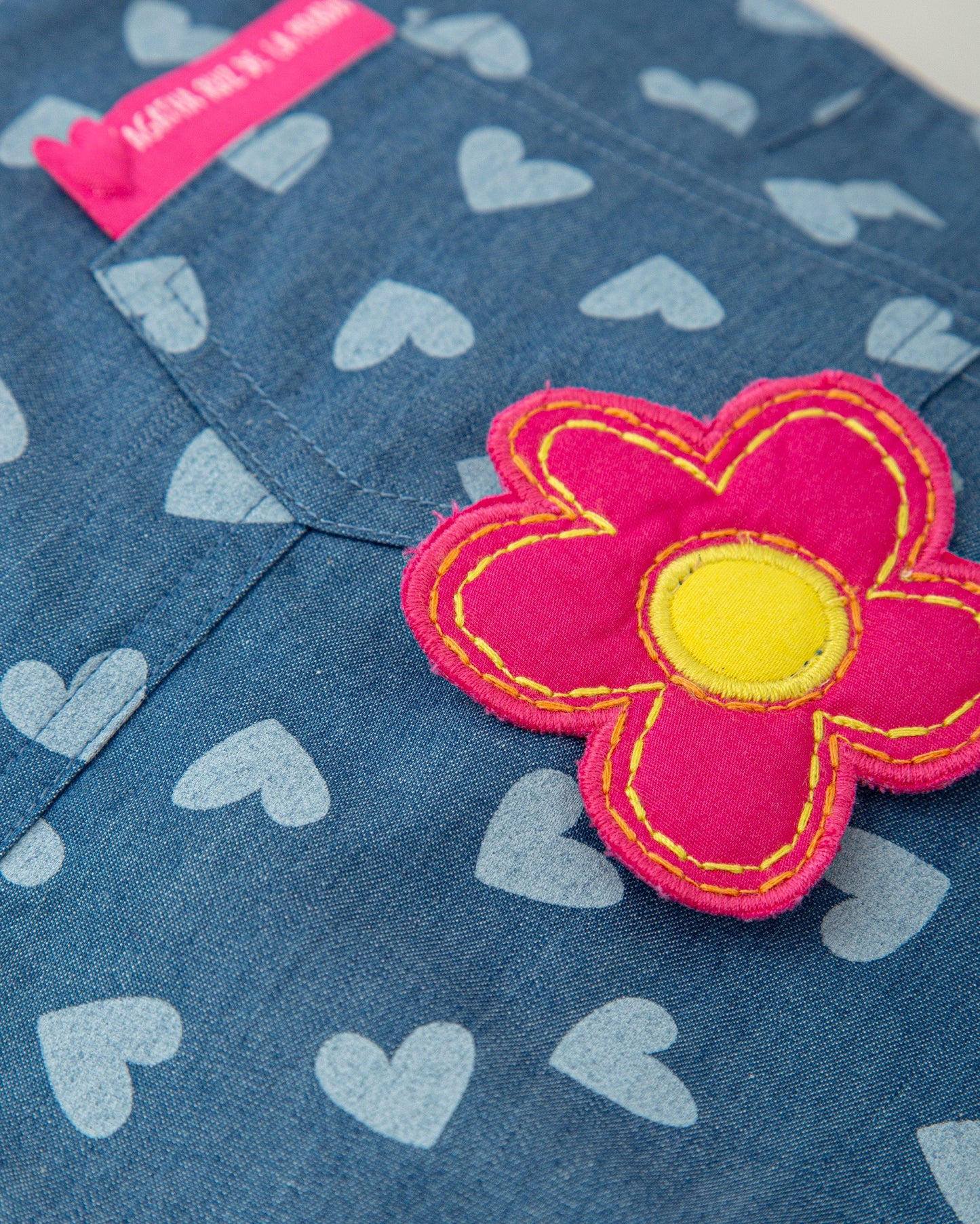 Indigo Chambray Dress with Heart Print & Floral Embroidery