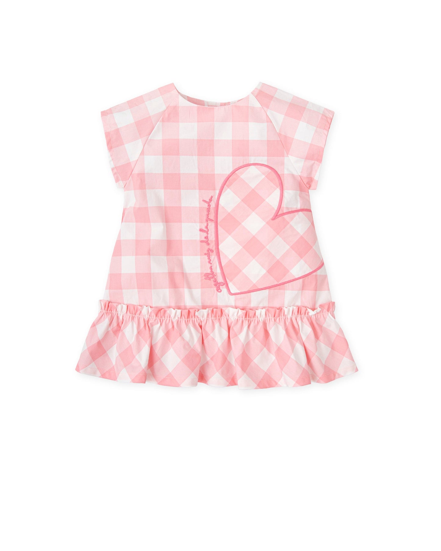 Chic Pink Gingham Dress with Heart Embroidery & Button Back
