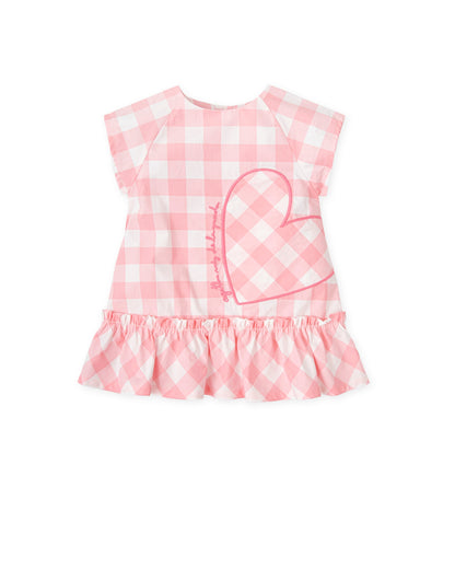 Chic Pink Gingham Dress with Heart Embroidery & Button Back
