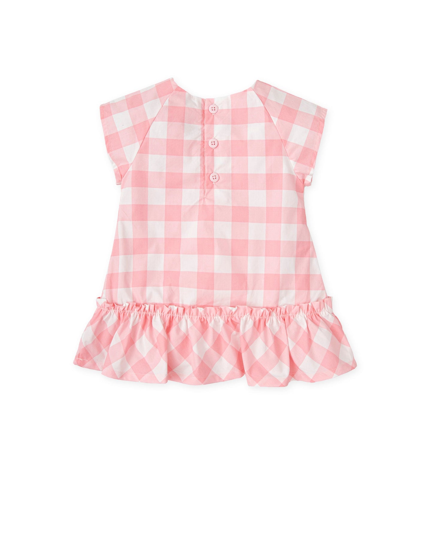 Chic Pink Gingham Dress with Heart Embroidery & Button Back