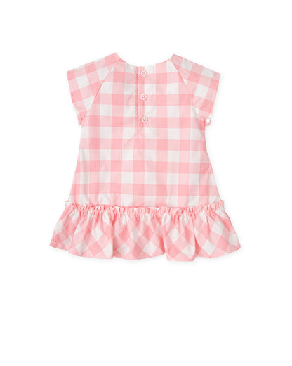 Chic Pink Gingham Dress with Heart Embroidery & Button Back