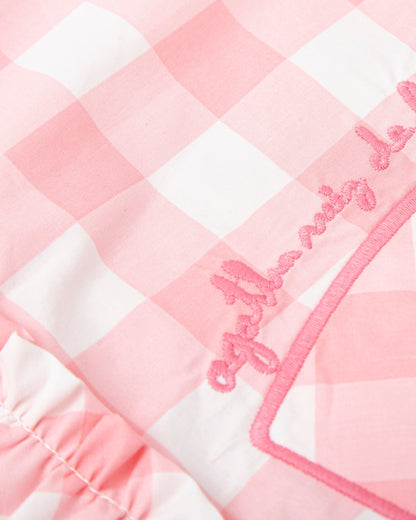Chic Pink Gingham Dress with Heart Embroidery & Button Back