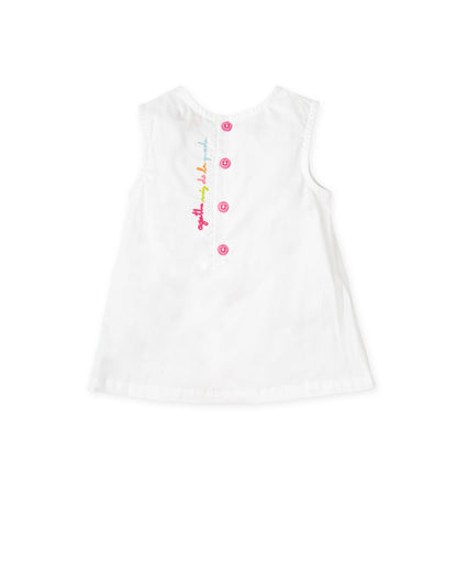 Sleeveless White Satin Dress with Vibrant Confetti Print