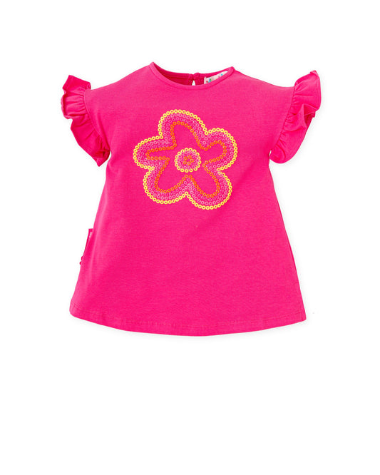 Vibrant Fuchsia Knit Dress with Floral Print & Button Closure