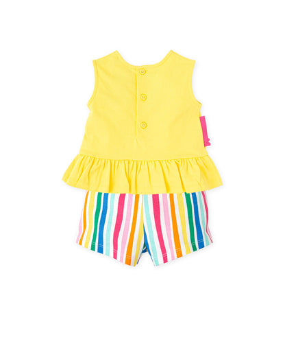 Cheerful Kids' Yellow Floral T-Shirt & Striped Shorts Set