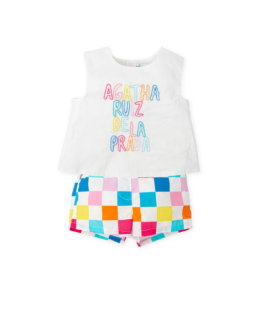 Elegant White Voile Embroidered Top & Plaid Satin Shorts Set
