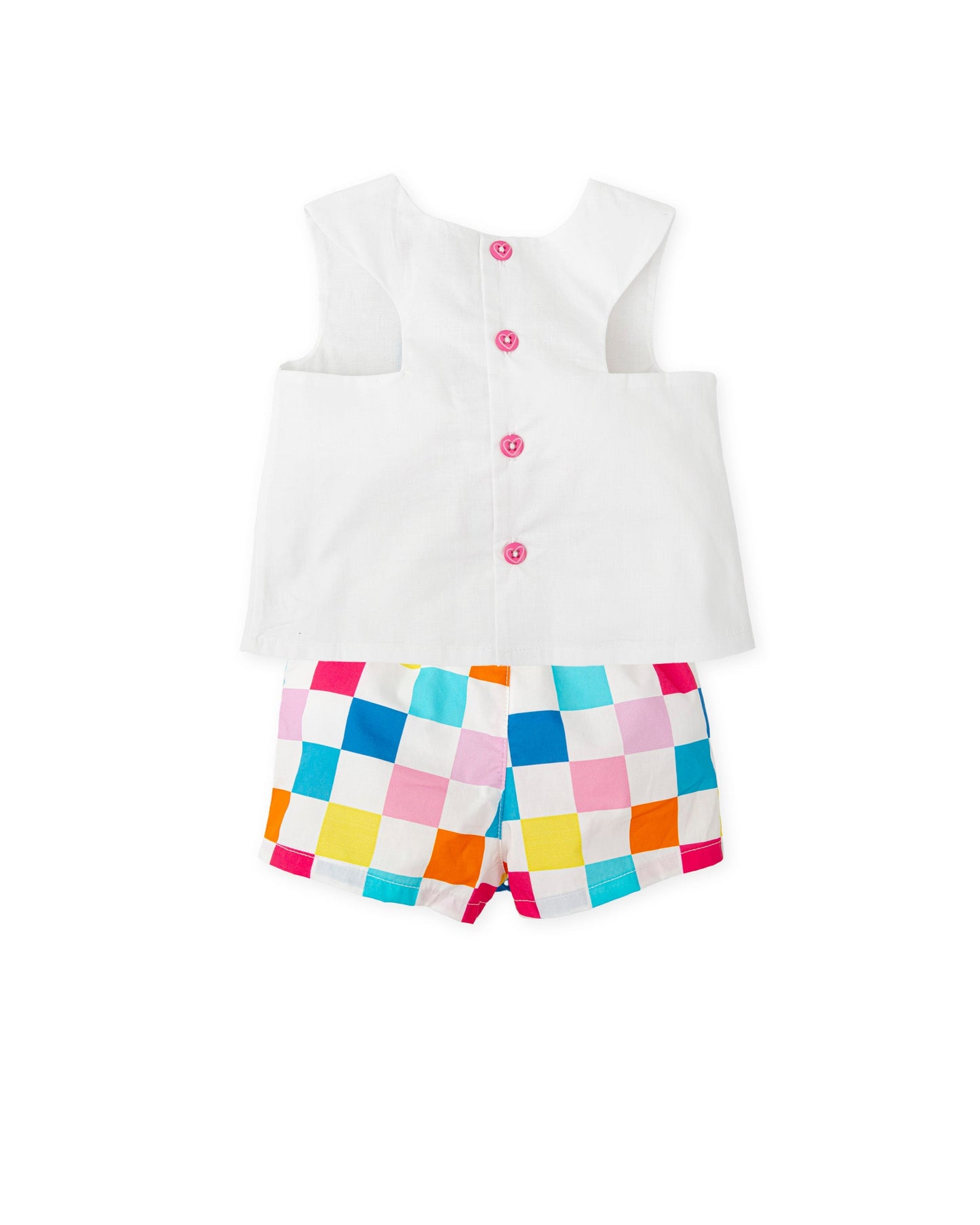 Elegant White Voile Embroidered Top & Plaid Satin Shorts Set
