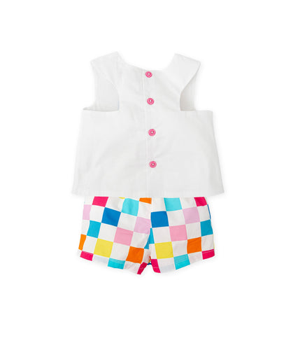 Elegant White Voile Embroidered Top & Plaid Satin Shorts Set