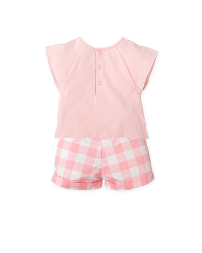 Chic Pink Heart Embroidered T-Shirt & Gingham Shorts Set