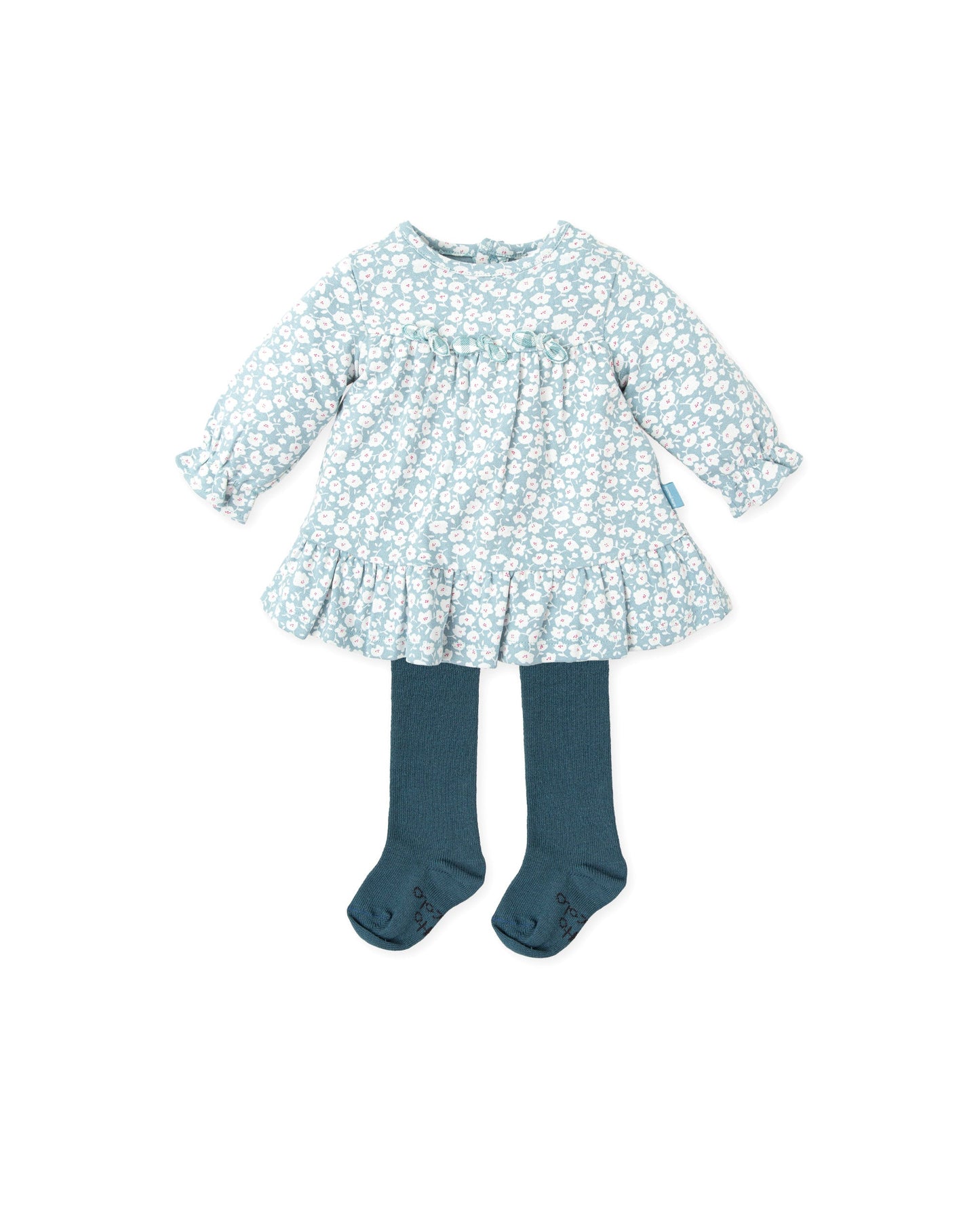 Charming Floral Green Dress with Coordinated Tights Set
