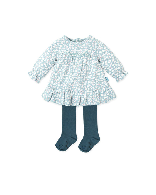 Charming Floral Green Dress with Coordinated Tights Set