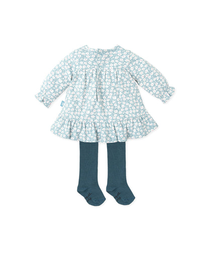 Charming Floral Green Dress with Coordinated Tights Set