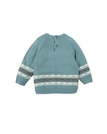 Elegant Sea Green Knit Sweater with Intarsia Pattern