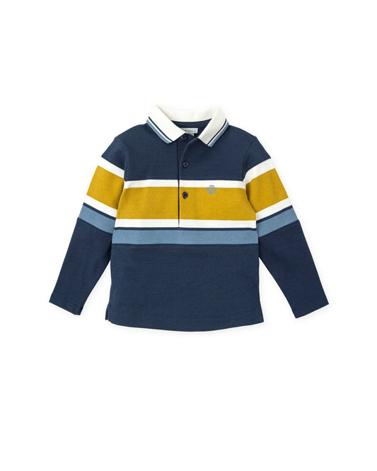 Stylish Navy Blue Polo Shirt with Striped Accents